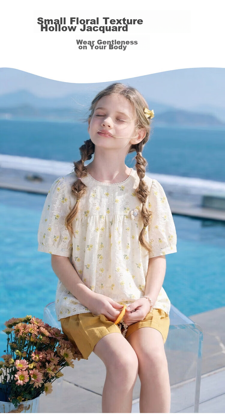 CHANZUIGOU Girls' Glutinous Yellow Floral Print Short Sleeve Top 2026 Summer New Stylish Versatile Shirt 8